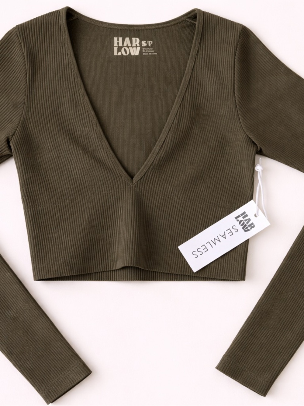 Harlow Women’s Dark Olive Ribbed V-Neck Long Sleeve Crop Top (fits xs or youth)